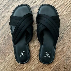 Shade and shore black slip on sandals. Comfortable. True to size. Like new